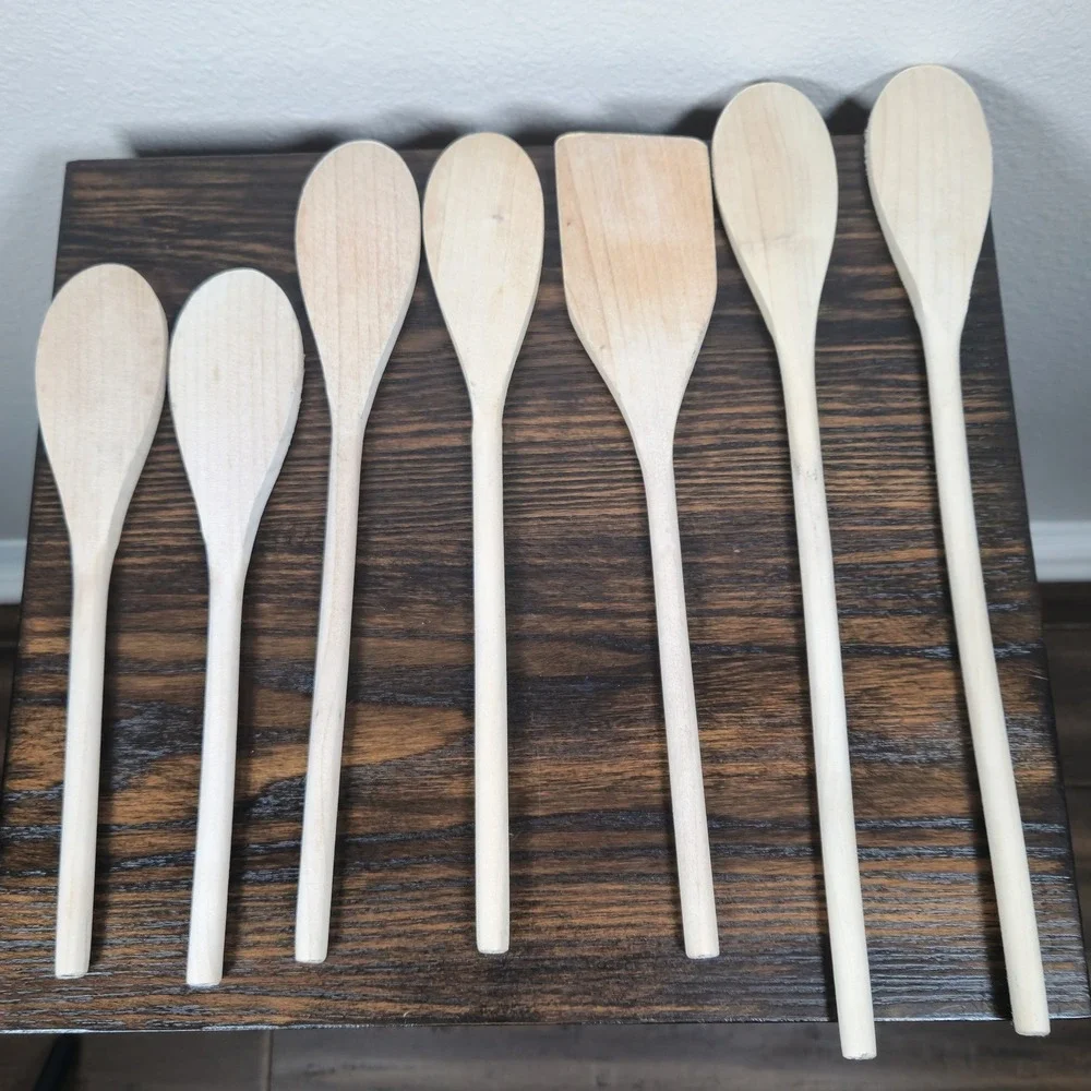 7‎ Piece Natural Wood Kitchen Utensil Set Mixing Spoons and Spatula Long Handle
